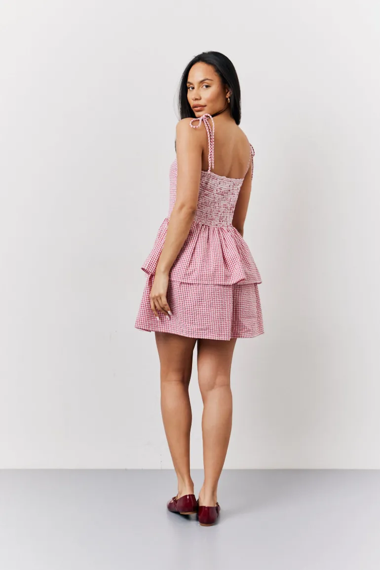 Red Seersucker Gingham Shirred Mini Dress
