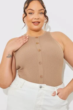 Rib Knit Button Detail Racer Neck Bodysuit