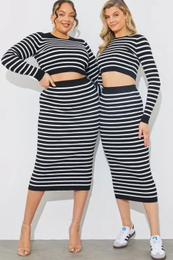 Rib Knit Stripe High Waisted Co-Ord Midi Skirt