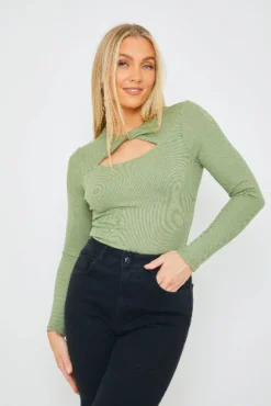 RIB TWIST NECK CUT OUT BODYSUIT