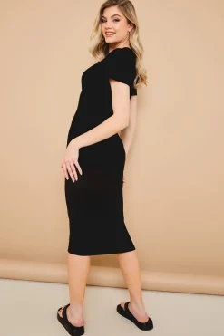Ribbed Crew Neck Short Sleeve Midi Dress