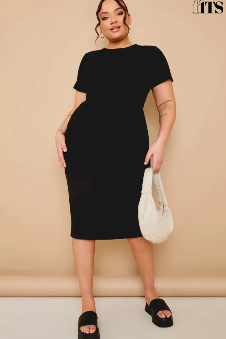 Ribbed Crew Neck Short Sleeve Midi Dress