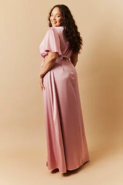 Rose Pink Satin Wrap Tie Angel Sleeve Maxi Dress