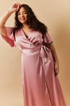Rose Pink Satin Wrap Tie Angel Sleeve Maxi Dress