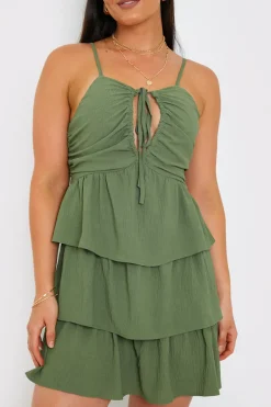 Ruched Bust Tie Detail Frill Mini Dress