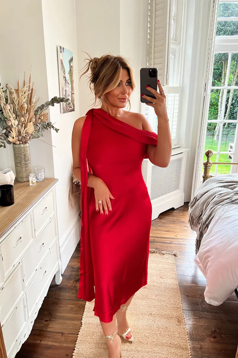 Satin Asymmetric Draped Neckline Midi Dress