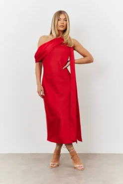 Satin Asymmetric Draped Neckline Midi Dress