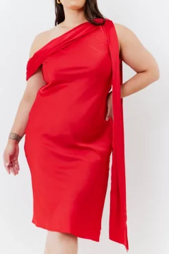 Satin Asymmetric Draped Neckline Midi Dress