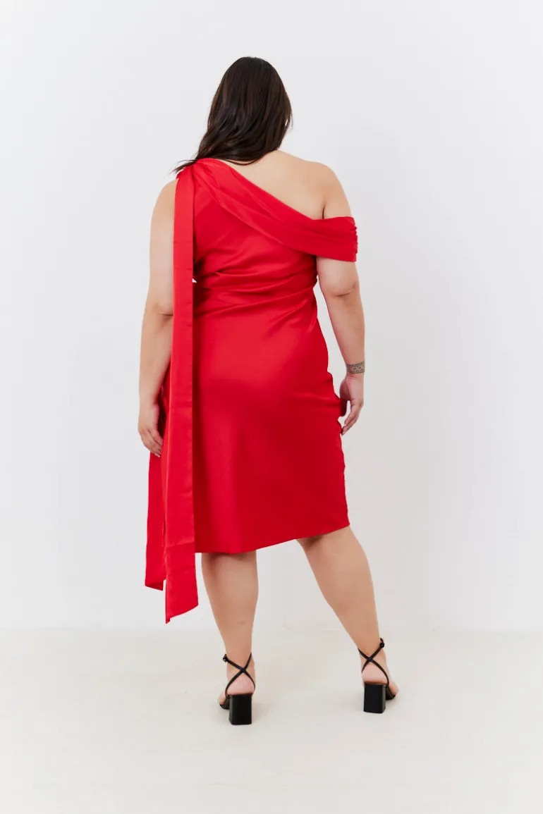 Satin Asymmetric Draped Neckline Midi Dress