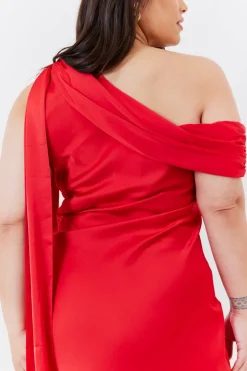 Satin Asymmetric Draped Neckline Midi Dress