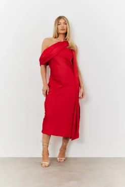 Satin Asymmetric Draped Neckline Midi Dress