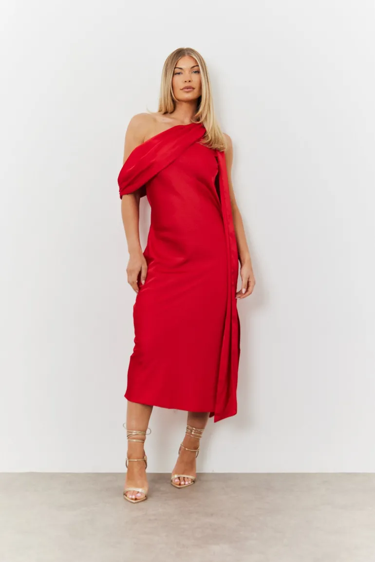 Satin Asymmetric Draped Neckline Midi Dress