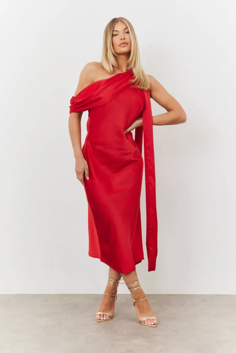 Satin Asymmetric Draped Neckline Midi Dress
