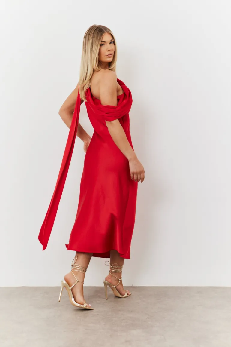 Satin Asymmetric Draped Neckline Midi Dress