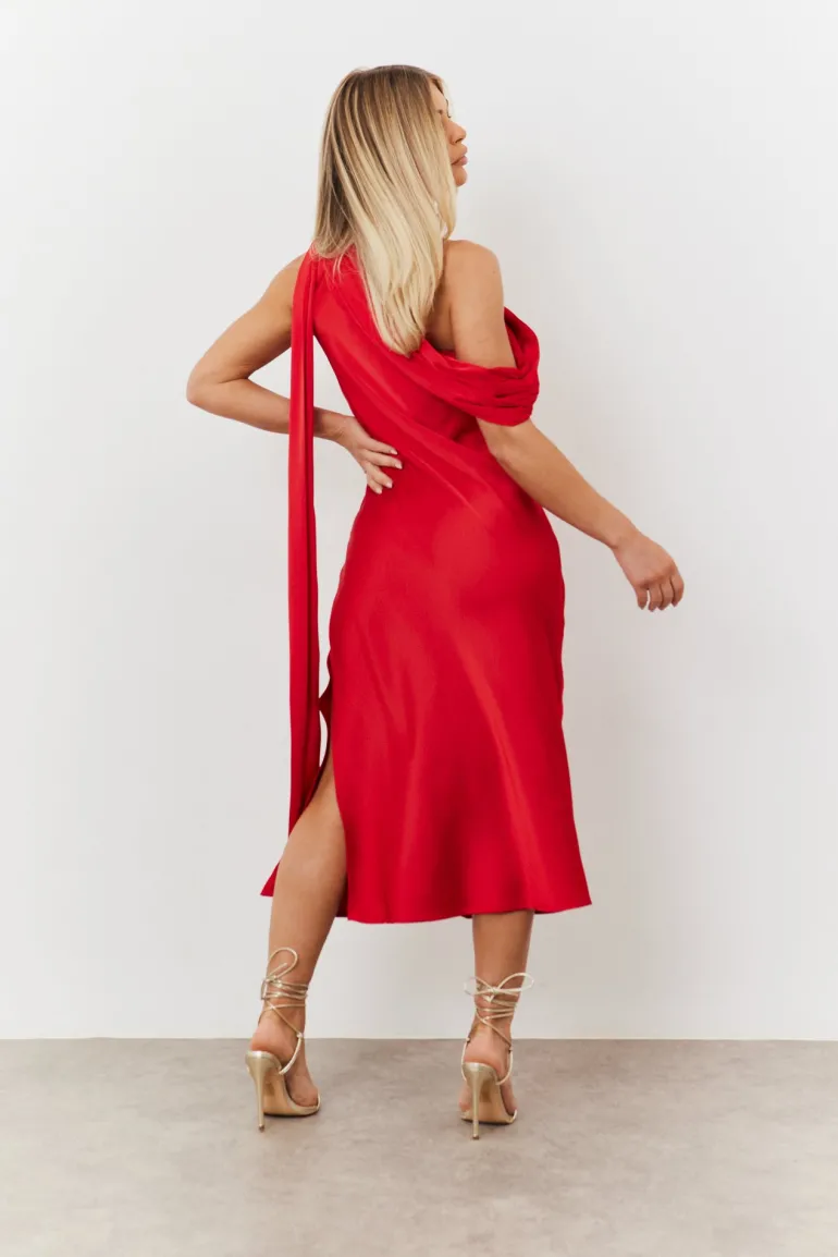 Satin Asymmetric Draped Neckline Midi Dress
