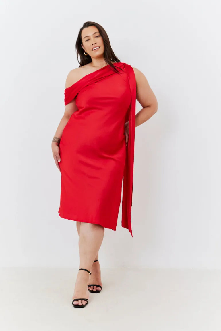 Satin Asymmetric Draped Neckline Midi Dress