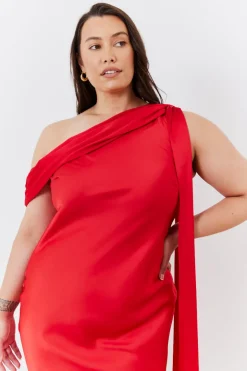 Satin Asymmetric Draped Neckline Midi Dress