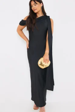 Satin Asymmetric Draped Neckline Maxi Dress