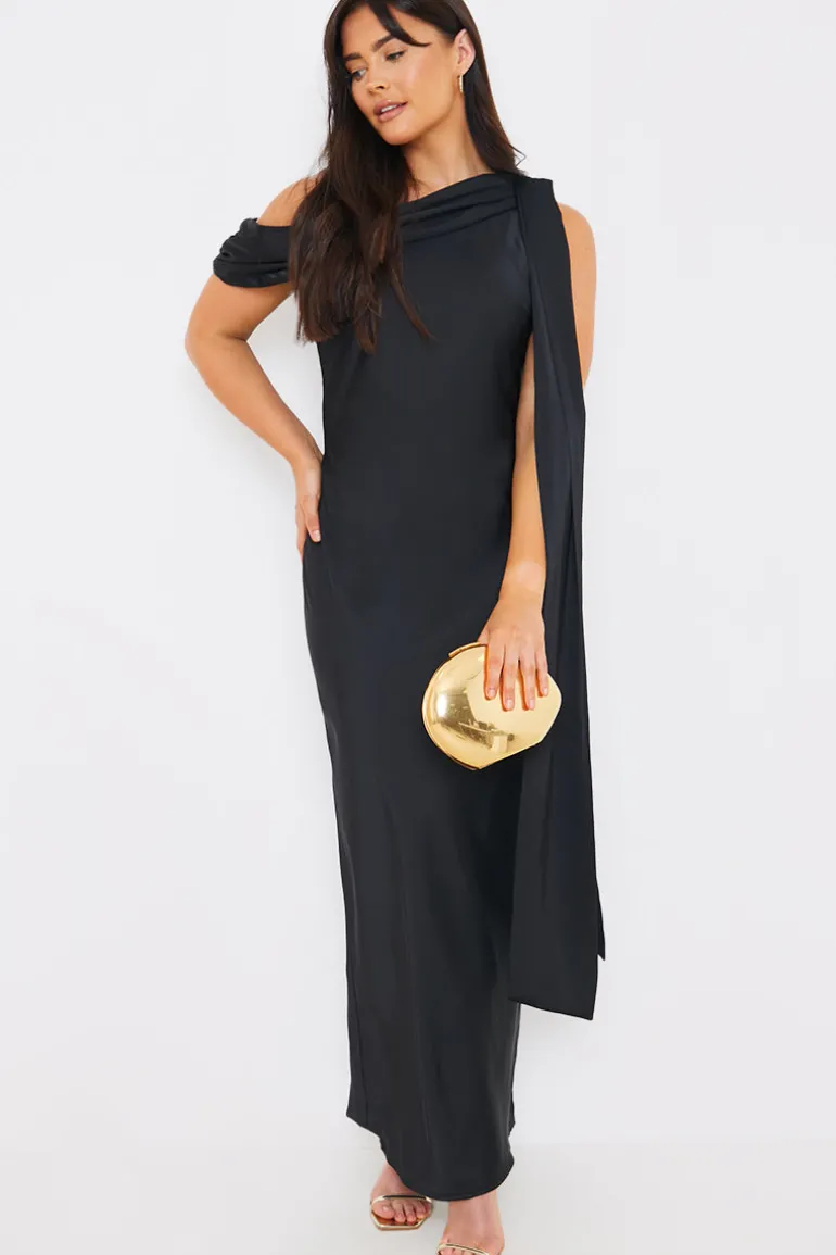 Satin Asymmetric Draped Neckline Maxi Dress