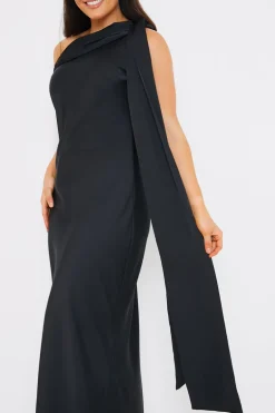 Satin Asymmetric Draped Neckline Maxi Dress