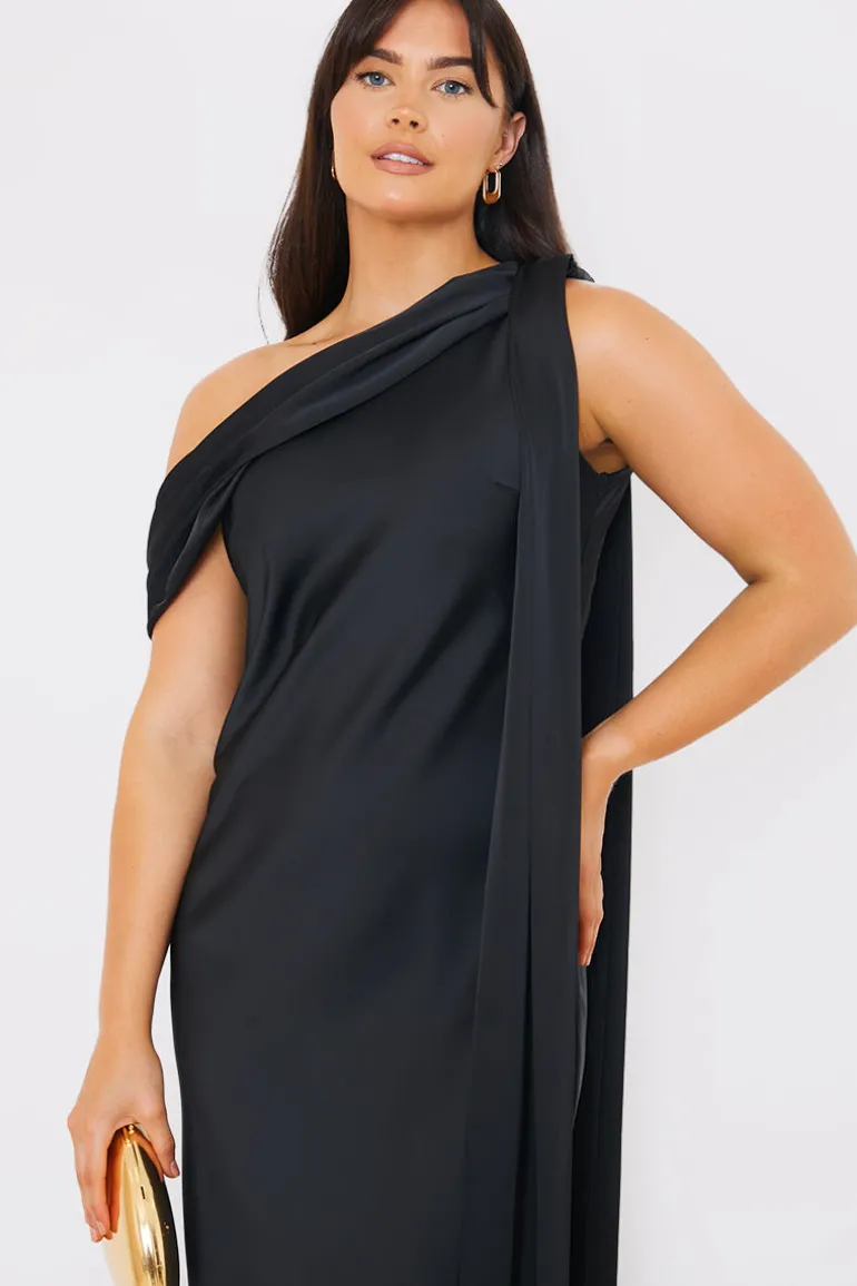 Satin Asymmetric Draped Neckline Maxi Dress