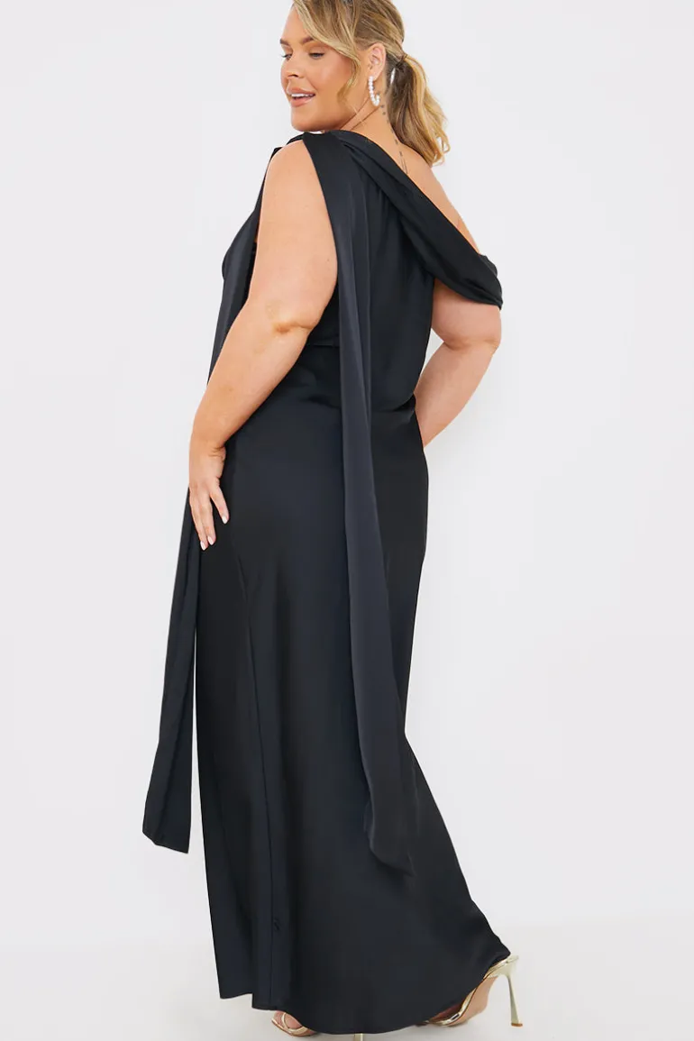Satin Asymmetric Draped Neckline Maxi Dress