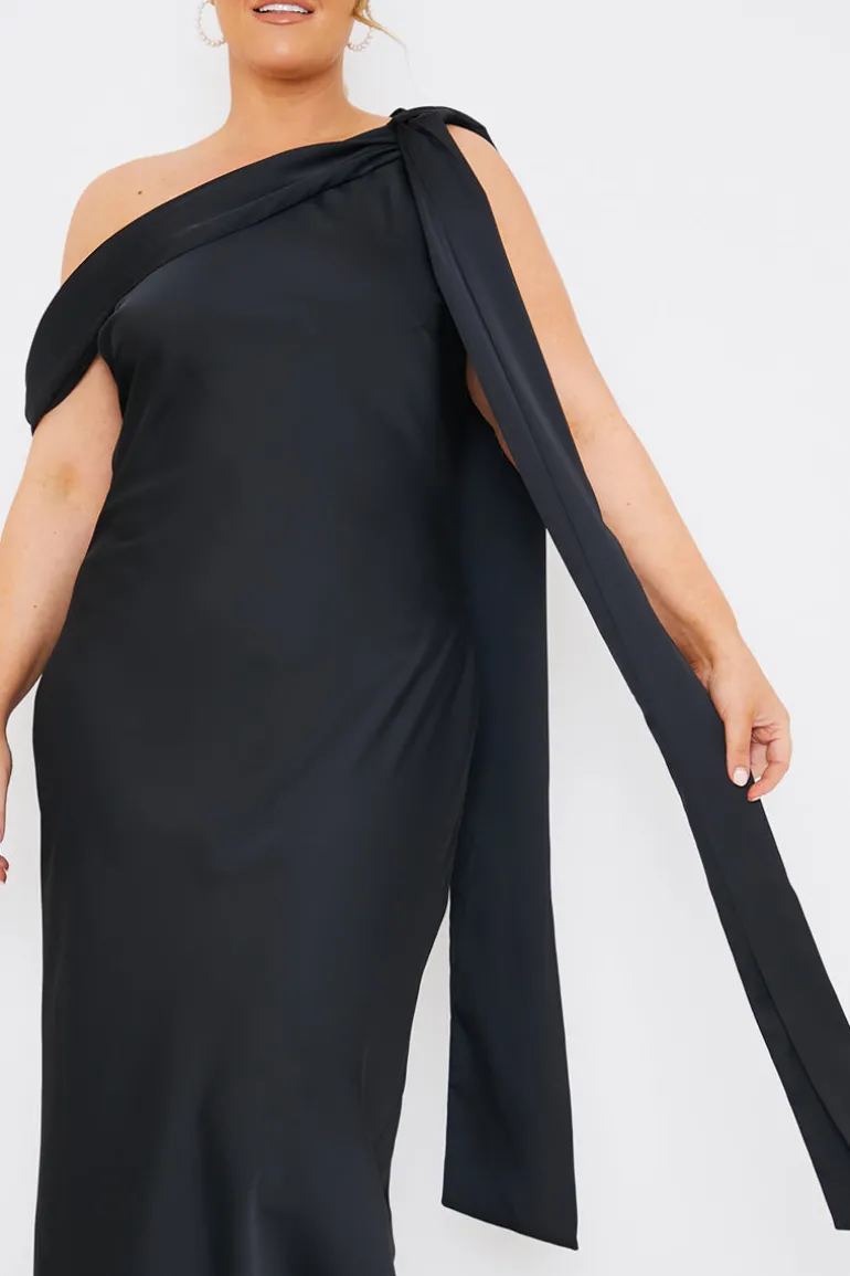 Satin Asymmetric Draped Neckline Maxi Dress