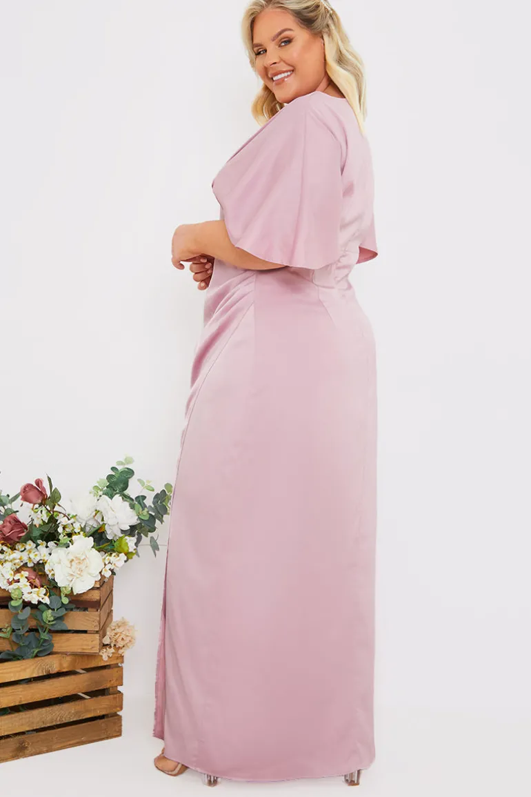 Satin Flutter Sleeve Ruched Detail Maxi Dress