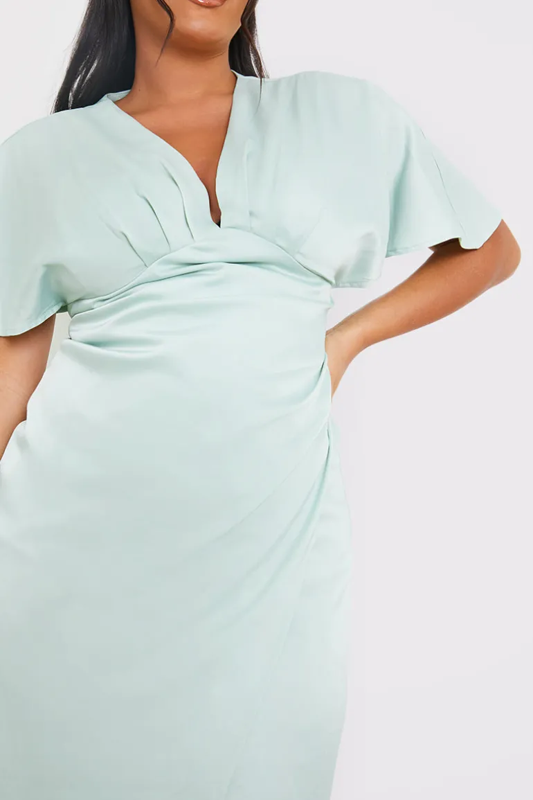 Satin Flutter Sleeve Ruched Detail Maxi Dress