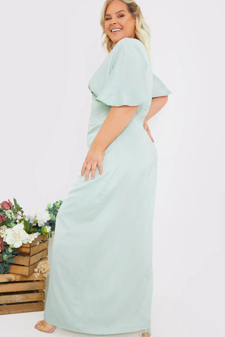 Satin Flutter Sleeve Ruched Detail Maxi Dress