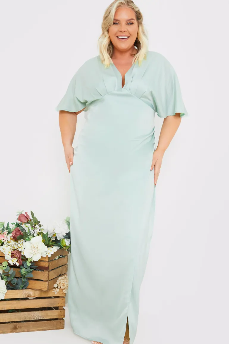 Satin Flutter Sleeve Ruched Detail Maxi Dress