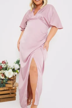 Satin Flutter Sleeve Ruched Detail Maxi Dress