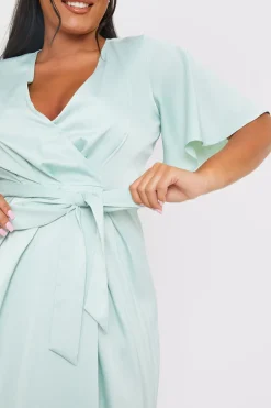 Satin Flutter Sleeve Tie Waist Wrap Dress