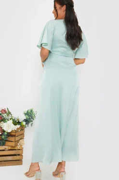 Satin Flutter Sleeve Tie Waist Wrap Dress