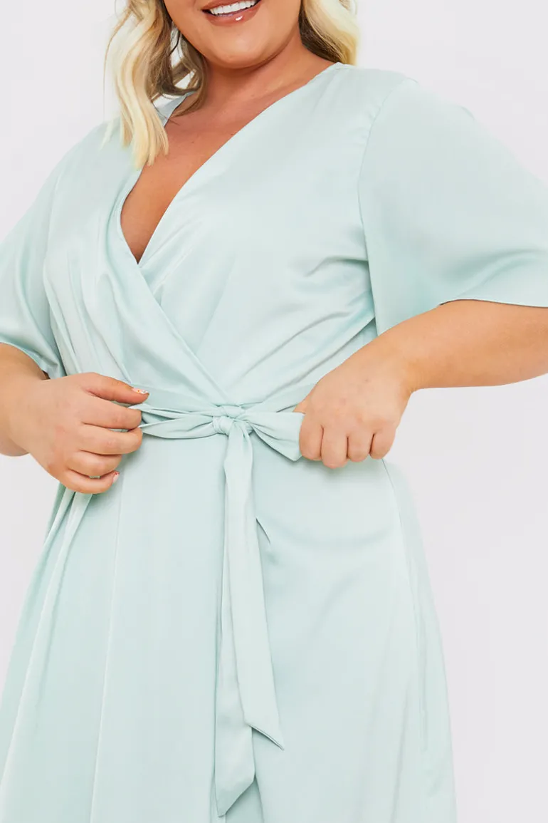 Satin Flutter Sleeve Tie Waist Wrap Dress