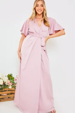Satin Flutter Sleeve Tie Waist Wrap Dress