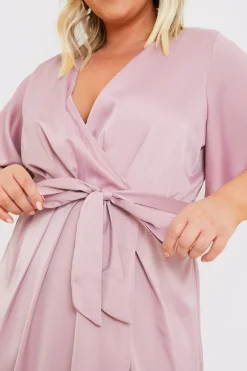 Satin Flutter Sleeve Tie Waist Wrap Dress