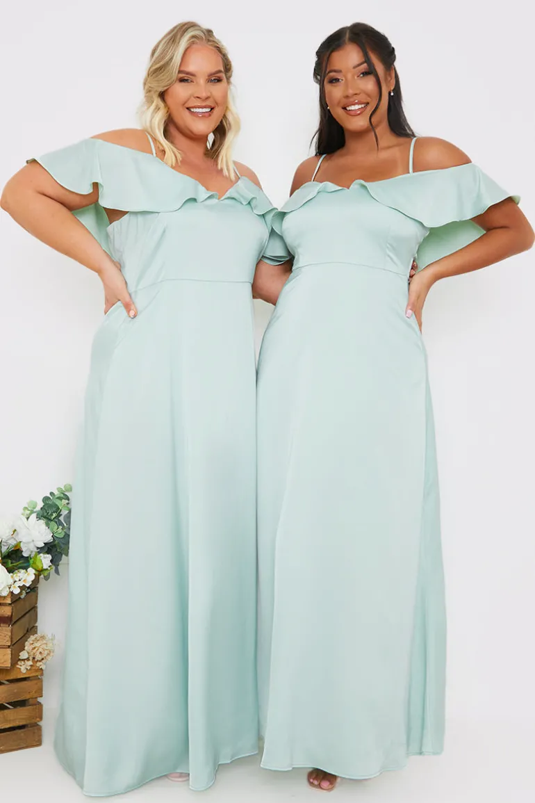 Satin Frill Off The Shoulder Maxi Dress