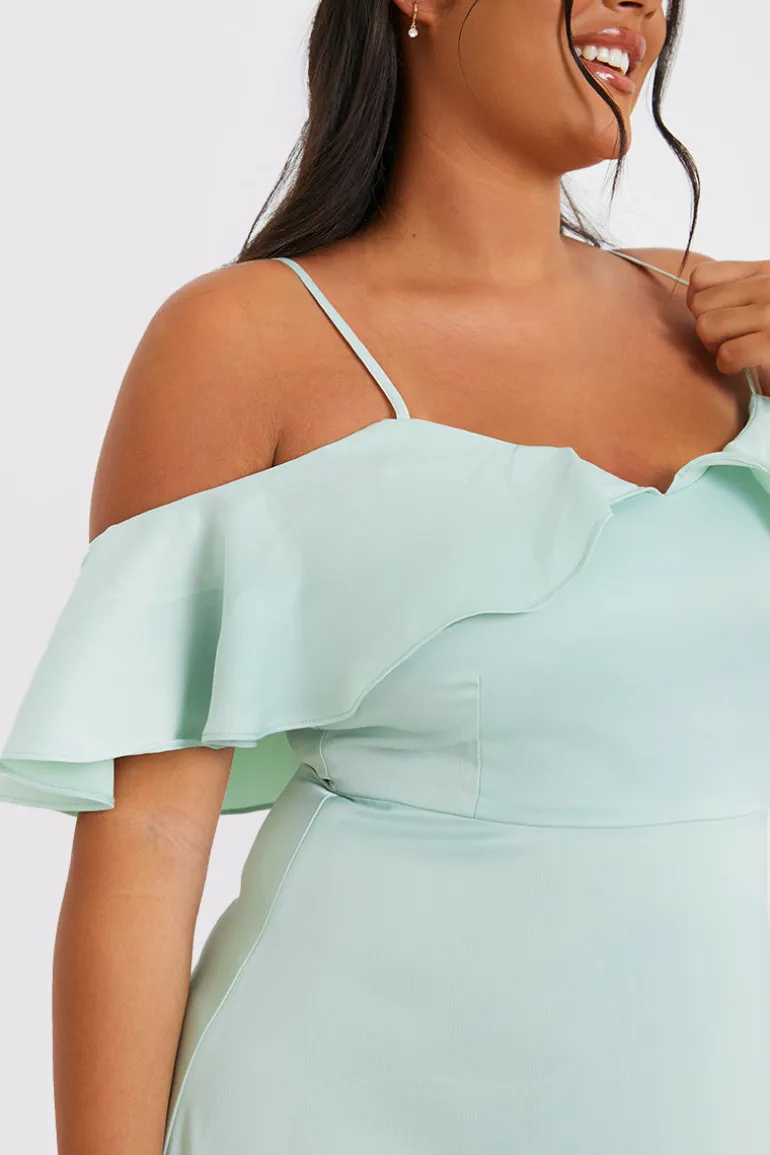 Satin Frill Off The Shoulder Maxi Dress