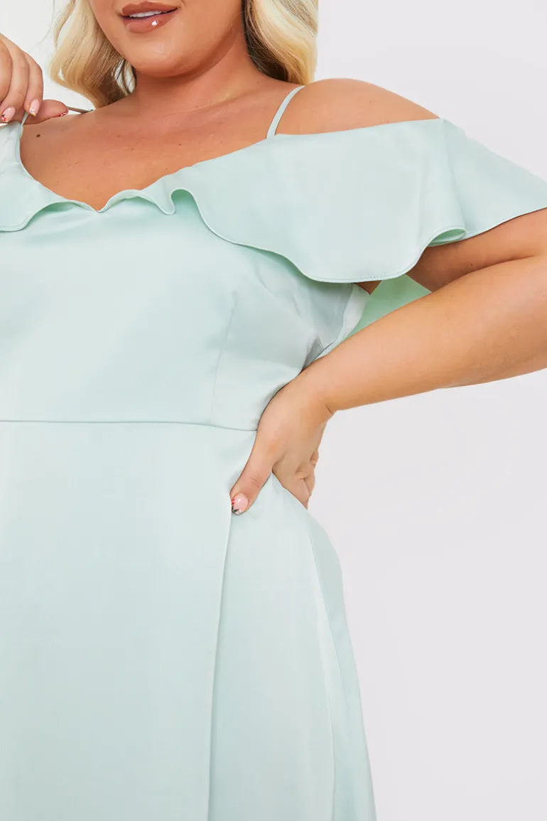 Satin Frill Off The Shoulder Maxi Dress
