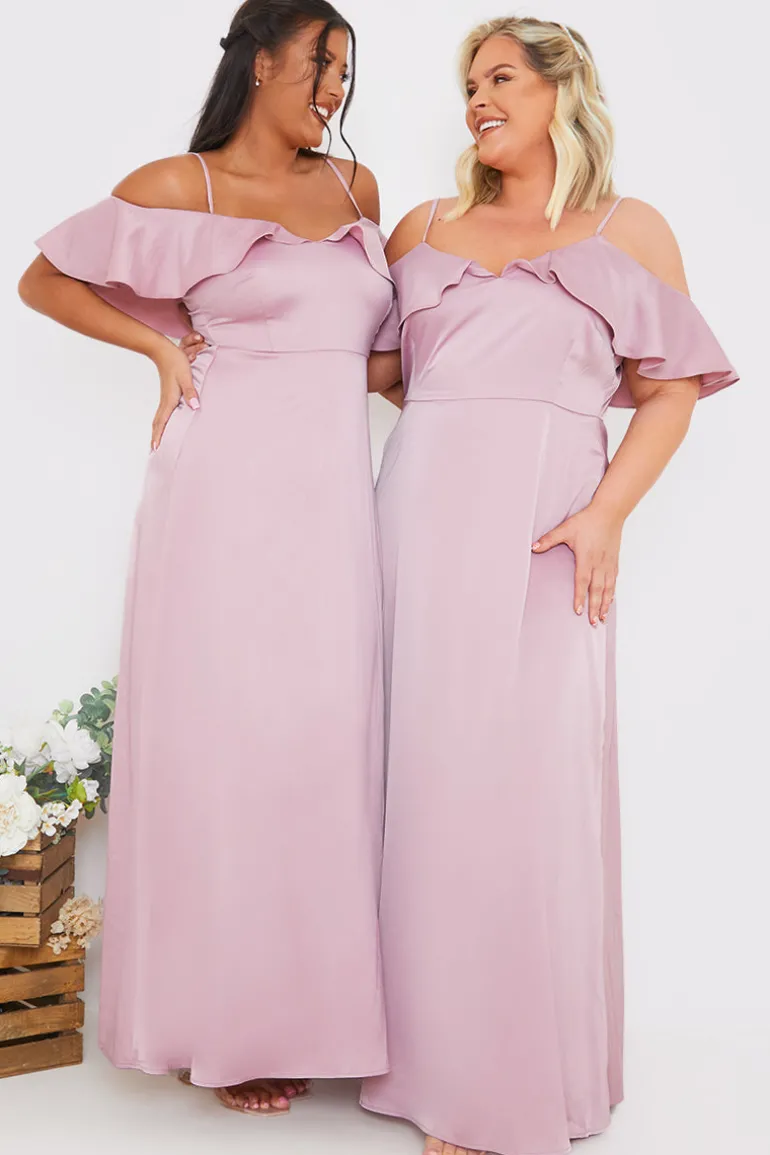 Satin Frill Off The Shoulder Maxi Dress