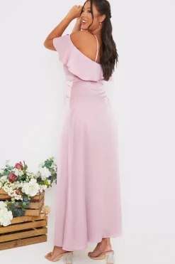 Satin Frill Off The Shoulder Maxi Dress