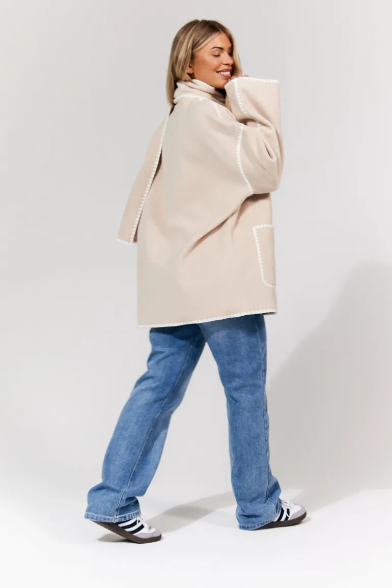 Scarf Detail Contrast Stitching Wool Blend Coat