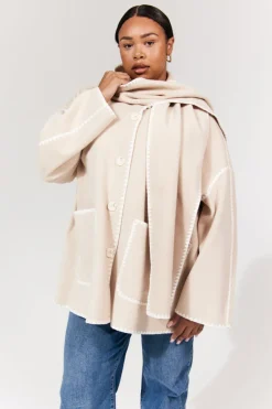 Scarf Detail Contrast Stitching Wool Blend Coat