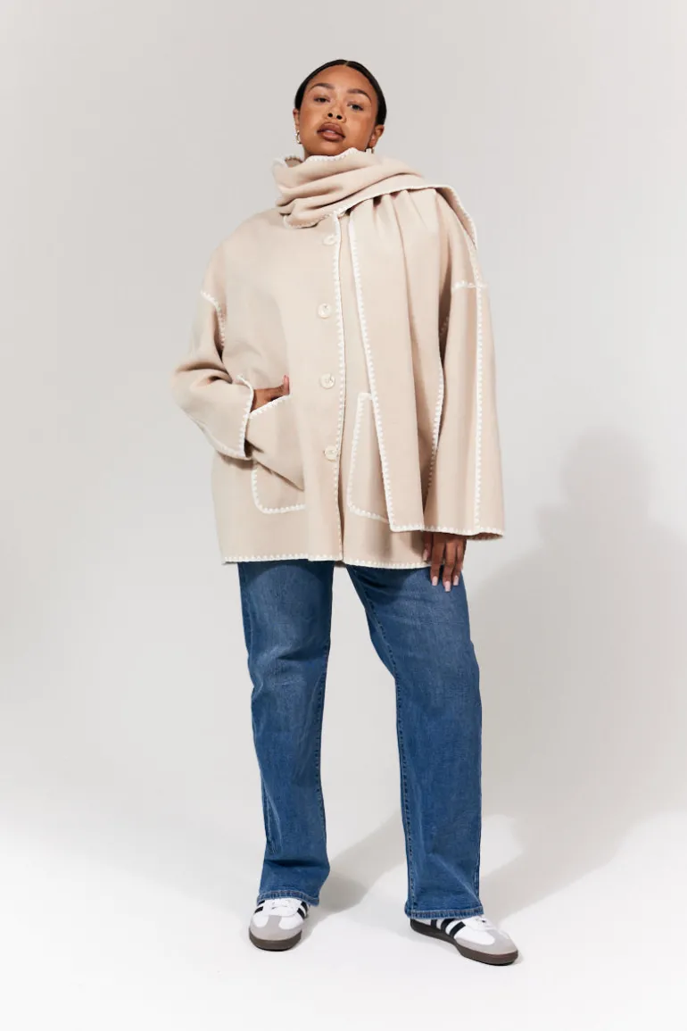 Scarf Detail Contrast Stitching Wool Blend Coat