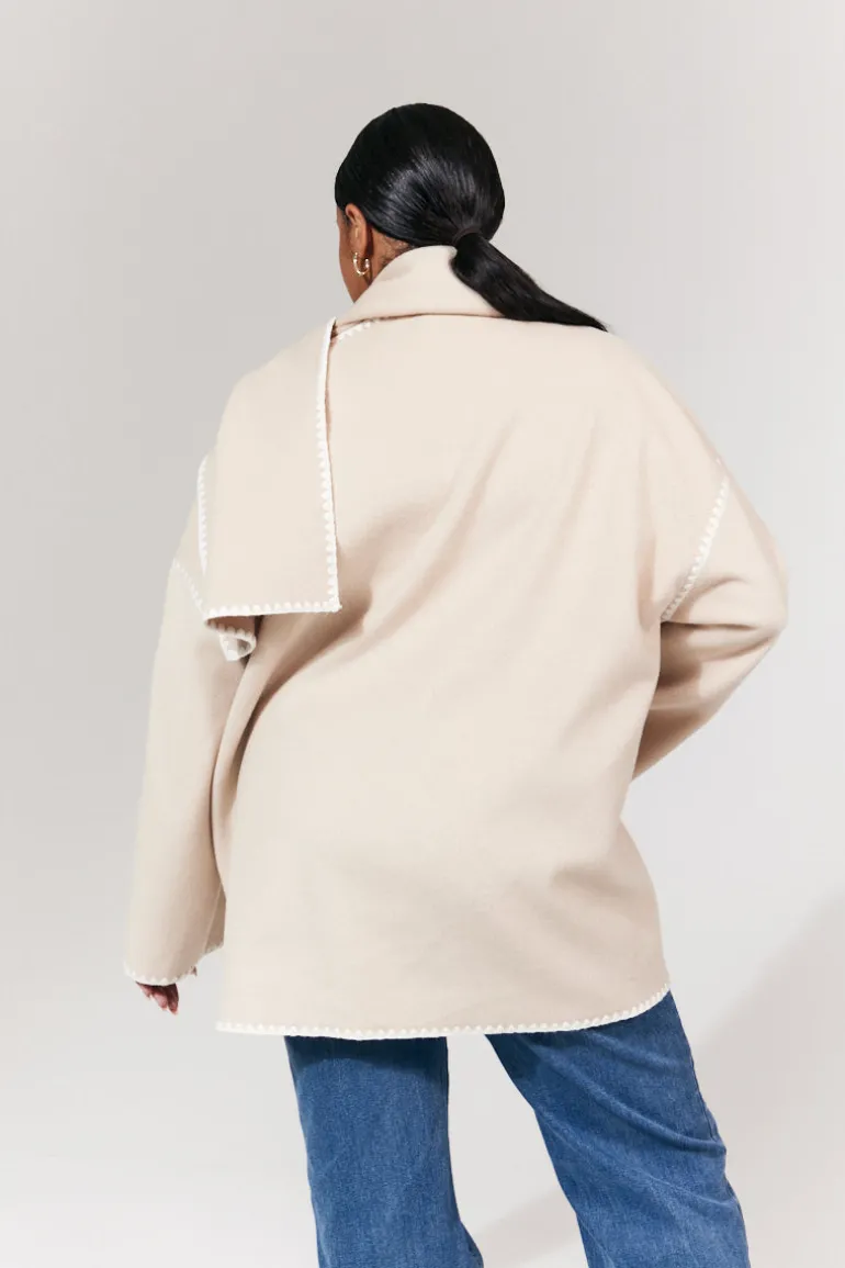 Scarf Detail Contrast Stitching Wool Blend Coat