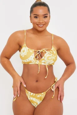 Scarf Print Tie Front Scoop Neck Bikini Top