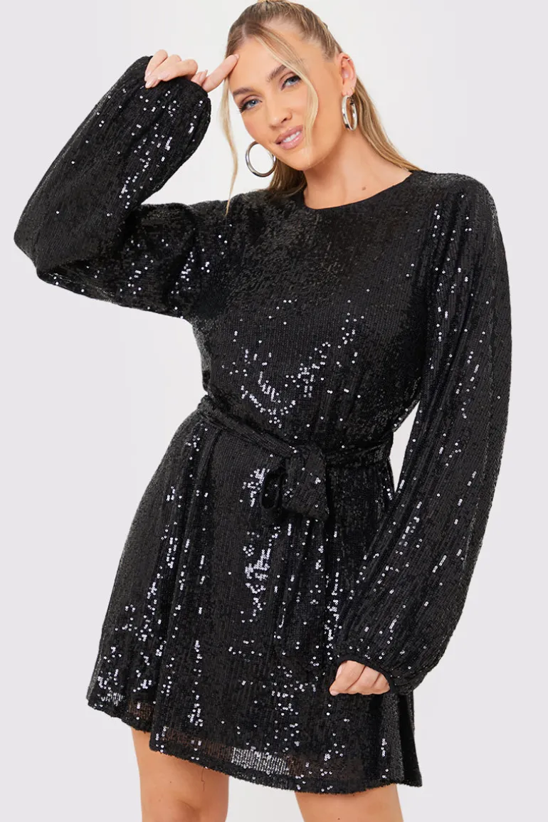Sequin Belted Balloon Sleeve Mini Dress