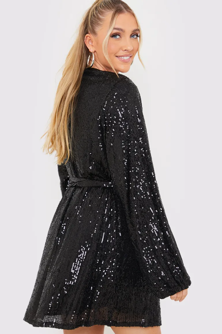 Sequin Belted Balloon Sleeve Mini Dress