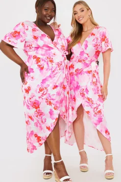 Short Sleeve Satin Wrap Belted Midaxi Dress